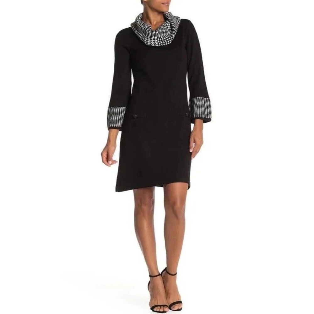 Eliza J Cowl Neck Sweater Dress Sz Large Black Houndstooth Modest Cocktail Party